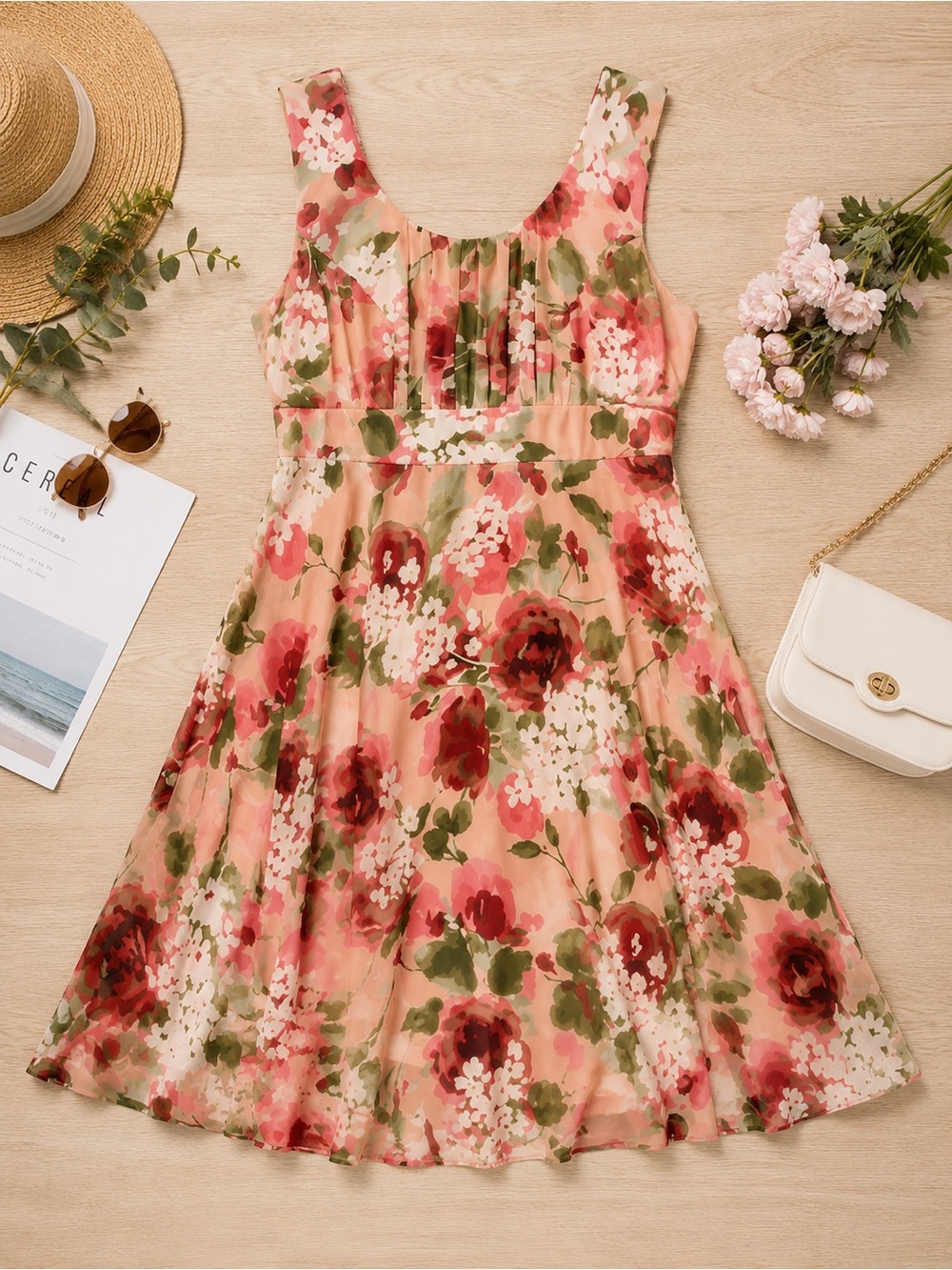 Dressbarn XL Peach Floral Midi Dress Fit & Flare Wedding Guest Garden Party